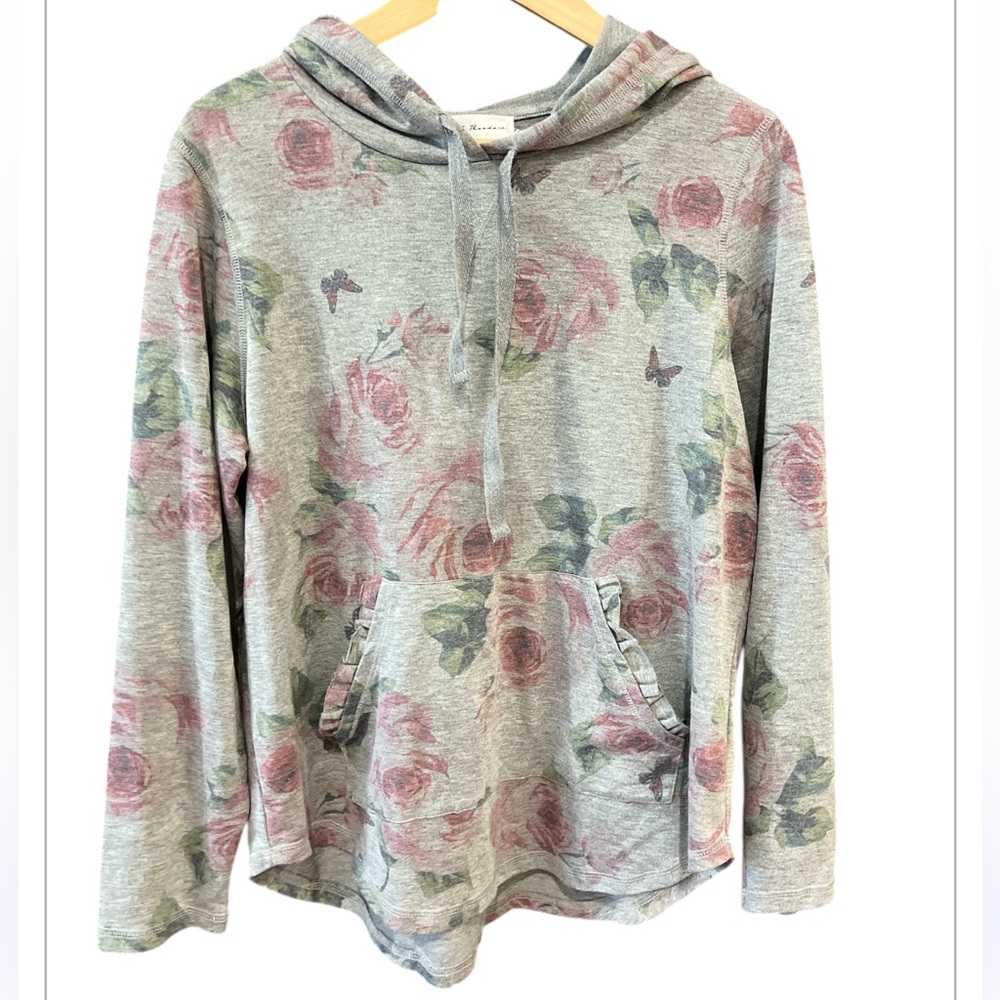 Chelsea & Theodore Grey Floral Long Sleeve Hoodie / Size L